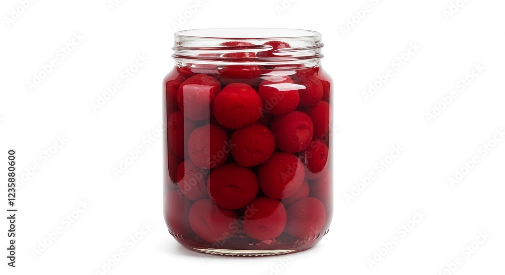 Jar of Marinated Cherries Sweet Red Canned Fruit in Glass Container Jar of Marinated Cherries Sweet Red Canned Fruit in Glass Container