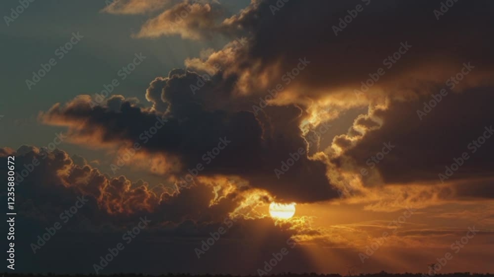 a dramatic sunset with dark clouds in the foreground and center. The sun, which looked like a small ball of fire, poked through the gaps in the clouds, emitting golden rays that contrasted with the a dramatic sunset with dark clouds in the foreground and center. The sun, which looked like a small ball of fire, poked through the gaps in the clouds, emitting golden rays that contrasted with the