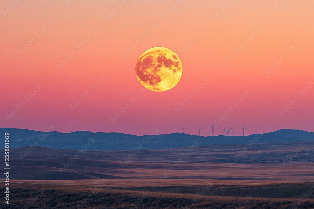 Full moon rising over rolling hills vast landscape nature twilight serenity Full moon rising over rolling hills vast landscape nature twilight serenity