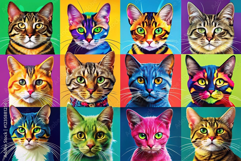 Cat Breeds Pop Art Collage in Vibrant, Vivid Colors Cat Breeds Pop Art Collage in Vibrant, Vivid Colors