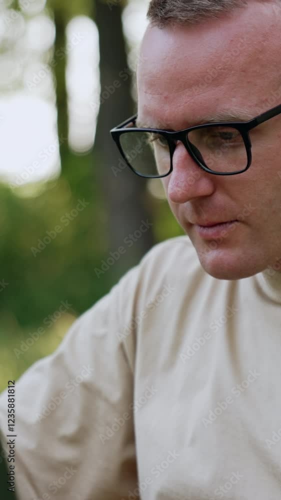 Busy man working remote in nature. Freelancer in glasses focused on work having some difficulties. Vertical video Busy man working remote in nature. Freelancer in glasses focused on work having some difficulties. Vertical video