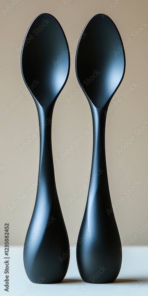 Artistic black spoons display minimalist kitchen modern environment close-up view