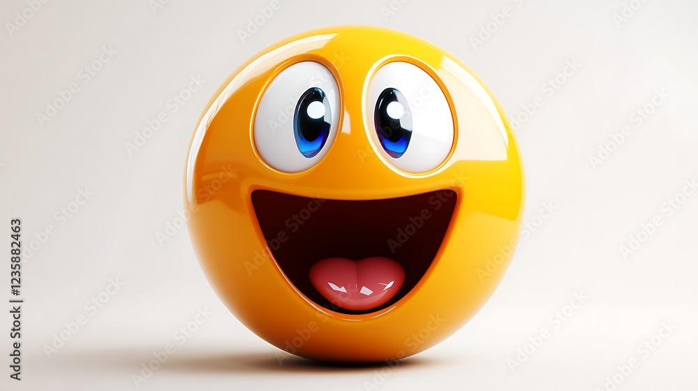Fototapeta premium 3D rendered joyful emoticon, expressive face, on plain background. Possible stock photo use illustration