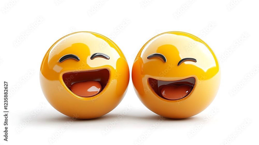 Fototapeta premium Two laughing emoji, 3D render, white background, digital art, possible use for social media