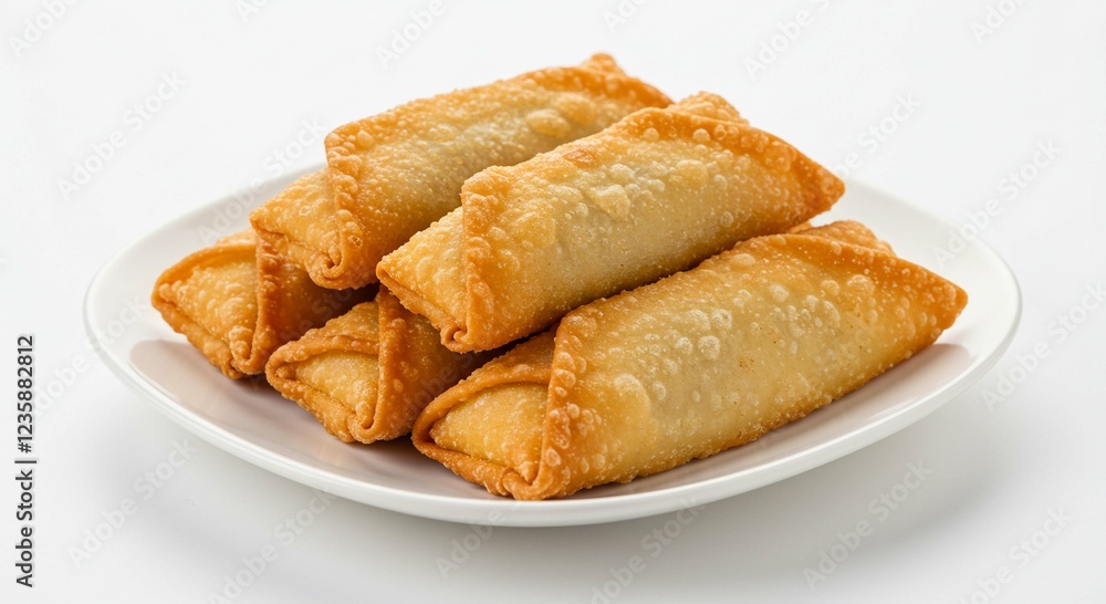 Delicious Golden Fried Egg Rolls on White Plate Close Up Food Photography Delicious Golden Fried Egg Rolls on White Plate Close Up Food Photography