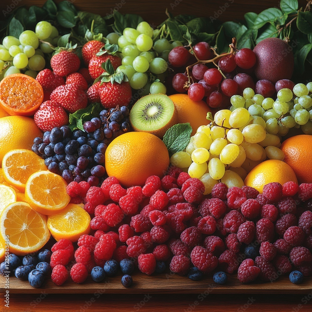 Vibrant assortment of fresh fruits including oranges, grapes, and berries on a wooden platter Vibrant assortment of fresh fruits including oranges, grapes, and berries on a wooden platter