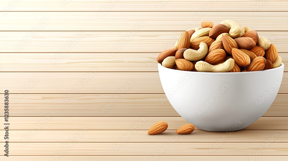 Assorted Nuts in White Bowl on Wooden Background for Healthy Snack