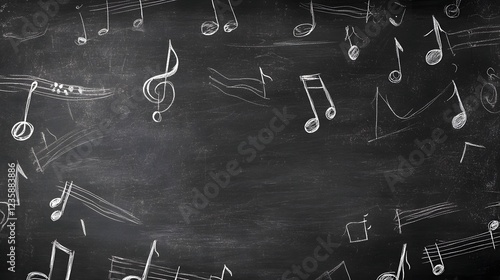 Musical notes symbols and elements on a chalkboard or blackboard background  Abstract music concept with space for text title or copy  Ideal for music creativity or entertainment themes photo