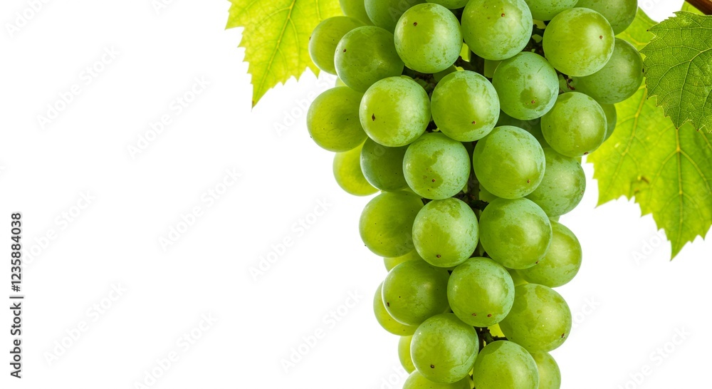 Obraz premium Lush Green Grapes Hanging on Vine with Leaves Fresh Fruit White Background