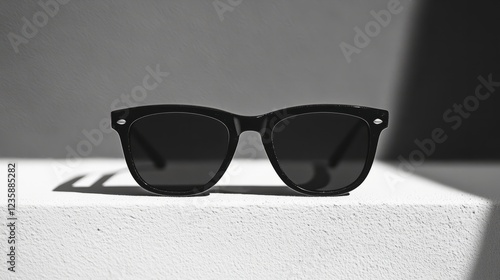 Minimalist wayfarer sunglasses, sharp design, monochrome backdrop 