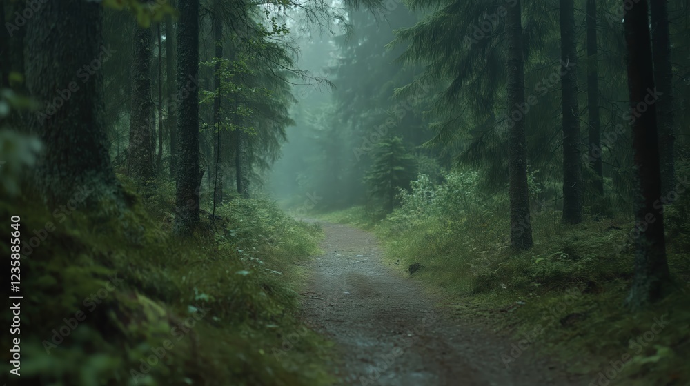 Fototapeta premium Rainy Forest Path, Misty Green Nature Scene