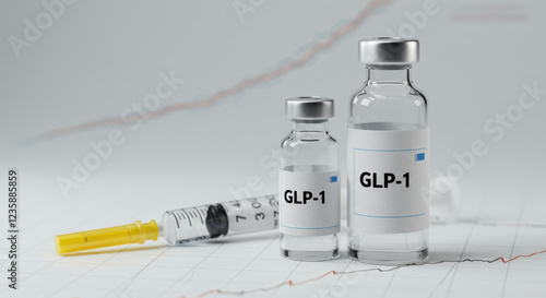 Close-up of GLP-1 vials and syringe on a graph background illustrating growth