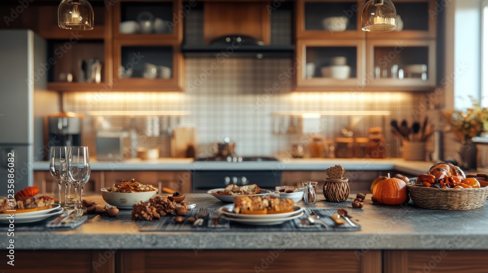 Thanksgiving Dinner Table Setting in Rustic Kitchen Thanksgiving Dinner Table Setting in Rustic Kitchen