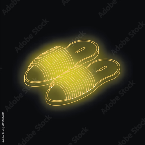 Neon yellow outline of pair of slippers glowing on black background representing fashion, comfort, and relaxation