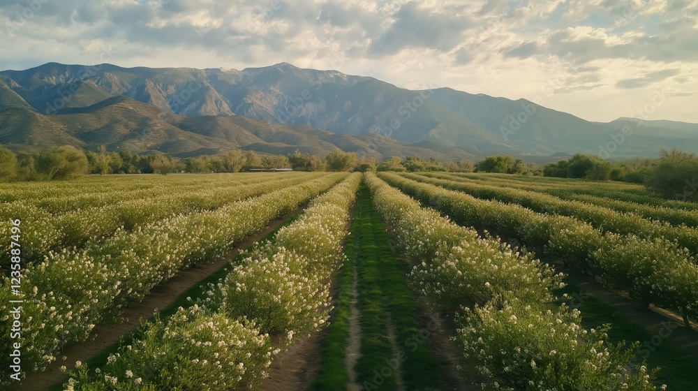 Aerial View of a Serene White Rose Plantation Against a Mountain Range Aerial View of a Serene White Rose Plantation Against a Mountain Range