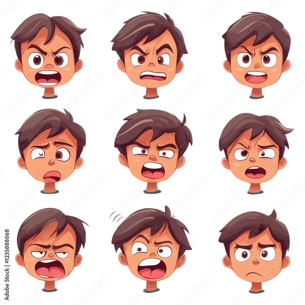 A collection of expressive emotions shown by a young boy, isolated on transparent or white background A collection of expressive emotions shown by a young boy, isolated on transparent or white background