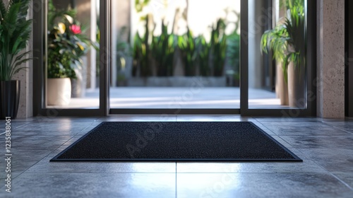 Modern Entrance Mat:  Black Doormat on Sleek Floor, Green Plants and Glass Doors Background