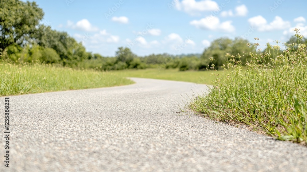 Winding park path, summer day, green grass, blue sky, active lifestyle Winding park path, summer day, green grass, blue sky, active lifestyle