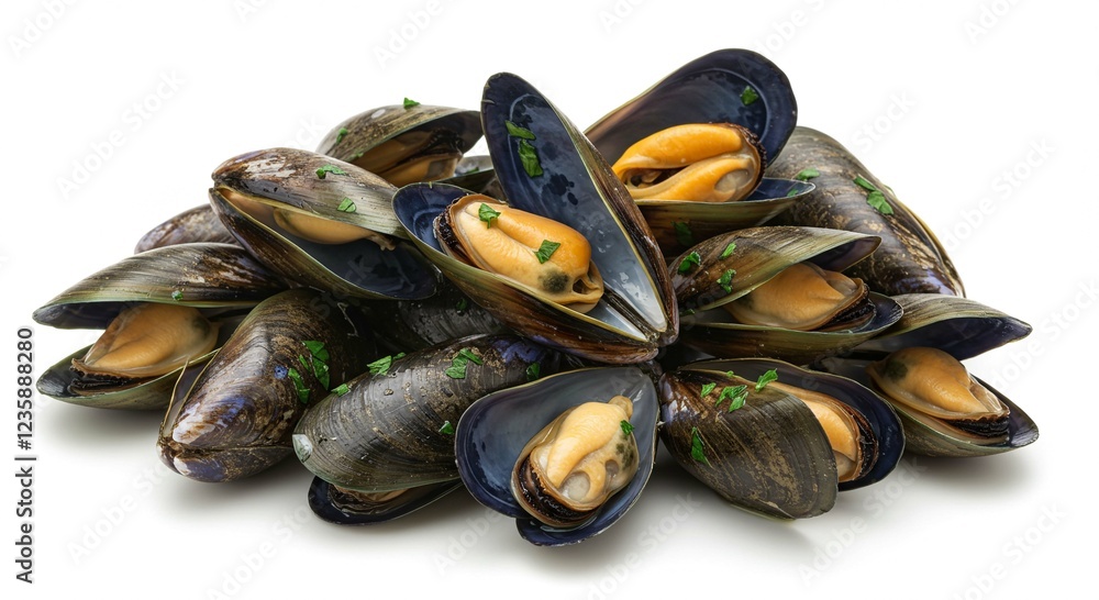 Fresh Steamed Mussels with Parsley Close up Studio Shot Seafood Gourmet Food Fresh Steamed Mussels with Parsley Close up Studio Shot Seafood Gourmet Food