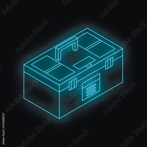 Neon toolbox outline glowing on a dark background, representing construction, maintenance, and diy projects