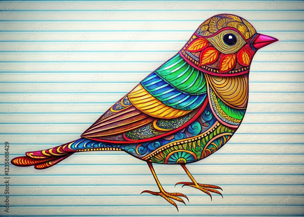 Obraz premium Patterned Bird Illustration on Lined Paper
