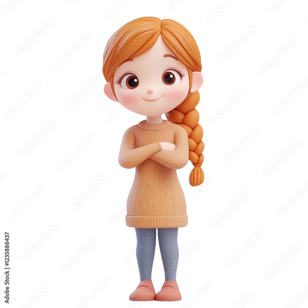 Cheerful cartoon girl with braided hair in cozy sweater, isolated on transparent or white background Cheerful cartoon girl with braided hair in cozy sweater, isolated on transparent or white background