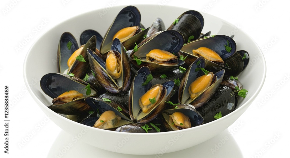 Delicious Steamed Mussels in a White Bowl Close Up Food Photography Delicious Steamed Mussels in a White Bowl Close Up Food Photography