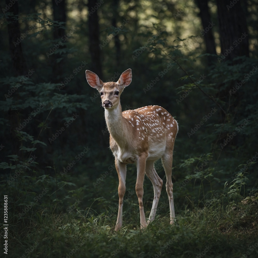 A delicate white fawn standing with wobbly legs. A delicate white fawn standing with wobbly legs.