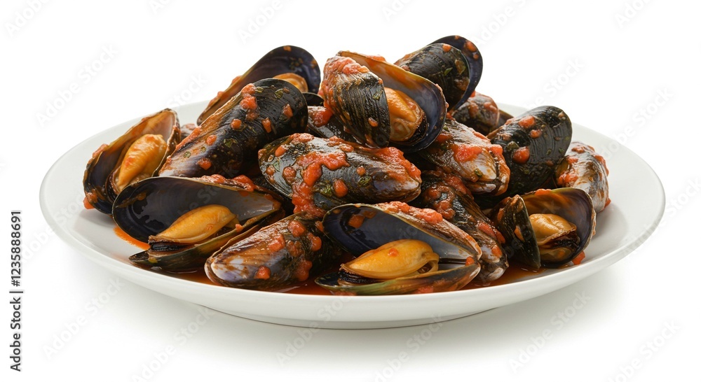 Delicious Steamed Mussels in Spicy Tomato Sauce on a Plate Delicious Steamed Mussels in Spicy Tomato Sauce on a Plate