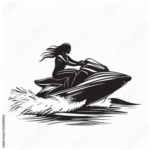 Jet Ski Vector Images. Silhouette woman riding jet ski full body black color only