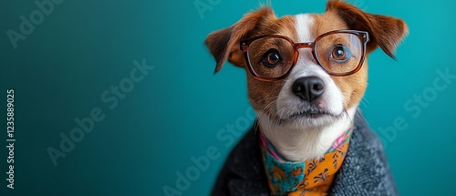 Pet dog in a suit, fashionable and funny, wearing glasses and a colorful tie, intellectual look, humorous trendy dog clothing, vibrant design, ultrarealistic, 4K UHD photo