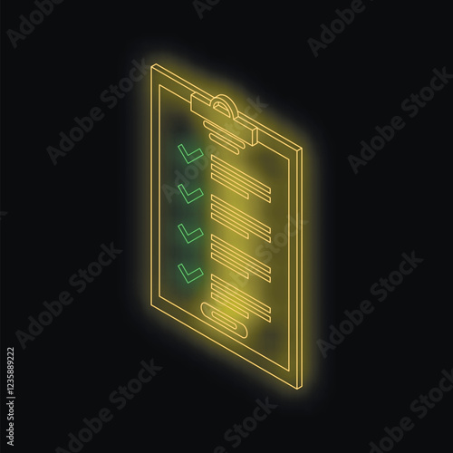 Isometric view of a neon yellow clipboard with green check marks, representing completed tasks or a finished checklist