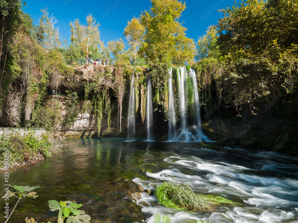 Fototapeta premium Upper Duden or Iskander ( Turkish; Duden şelalesi ) waterfall. An idyllic waterfall view. Touristic symbols of Antalya. Kepez region Turkey country 
