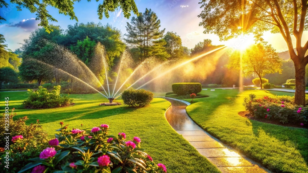 Obraz premium Smart Garden with Automatic Sprinkler System Watering Lawn in Green Park at Sunrise