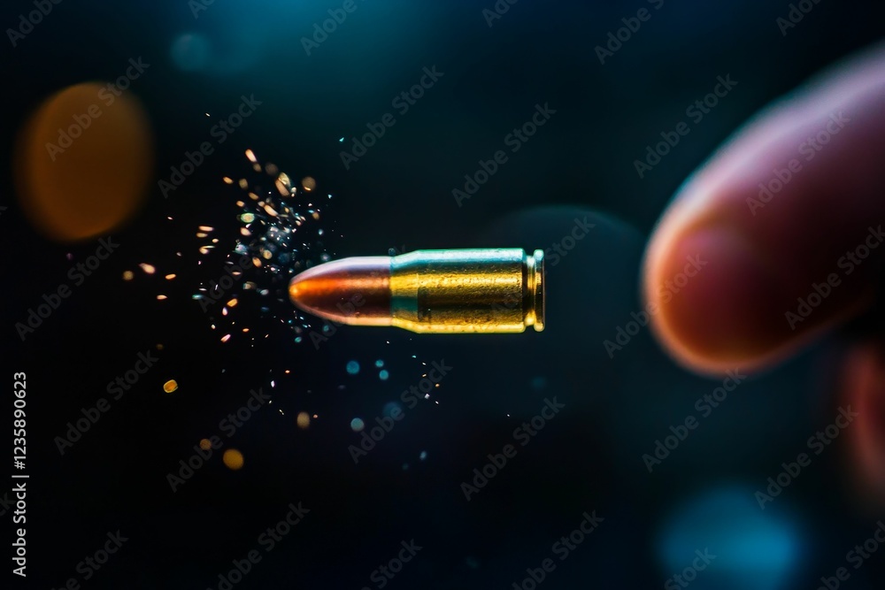 Bullet in motion, sparks flying, dark background Bullet in motion, sparks flying, dark background