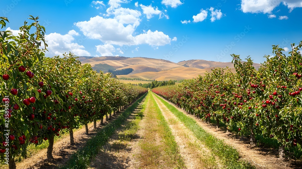 Naklejka premium Lush Apple Orchard Rows Under a Sunny Sky