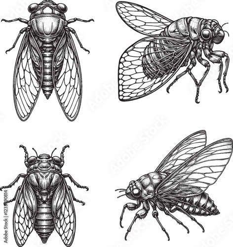 Detailed Black and White Illustrations of Cicadas"