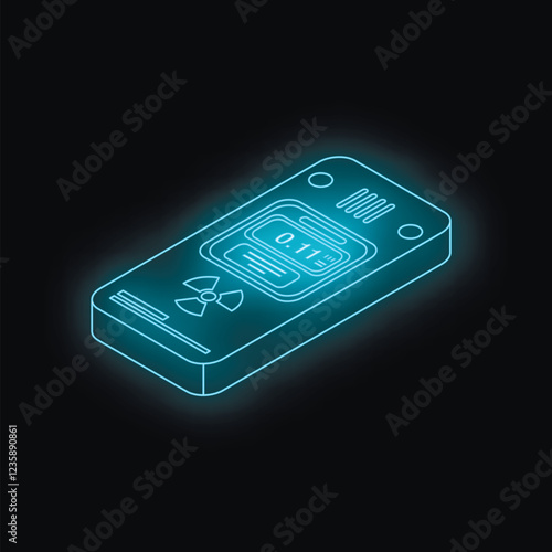 Futuristic neon geiger counter displaying radiation levels, embodying modern technology in nuclear safety and environmental monitoring