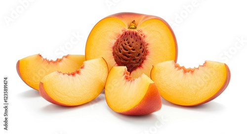 Juicy Slices of Fresh Peach Fruit Halved and Sliced Isolated on White Background