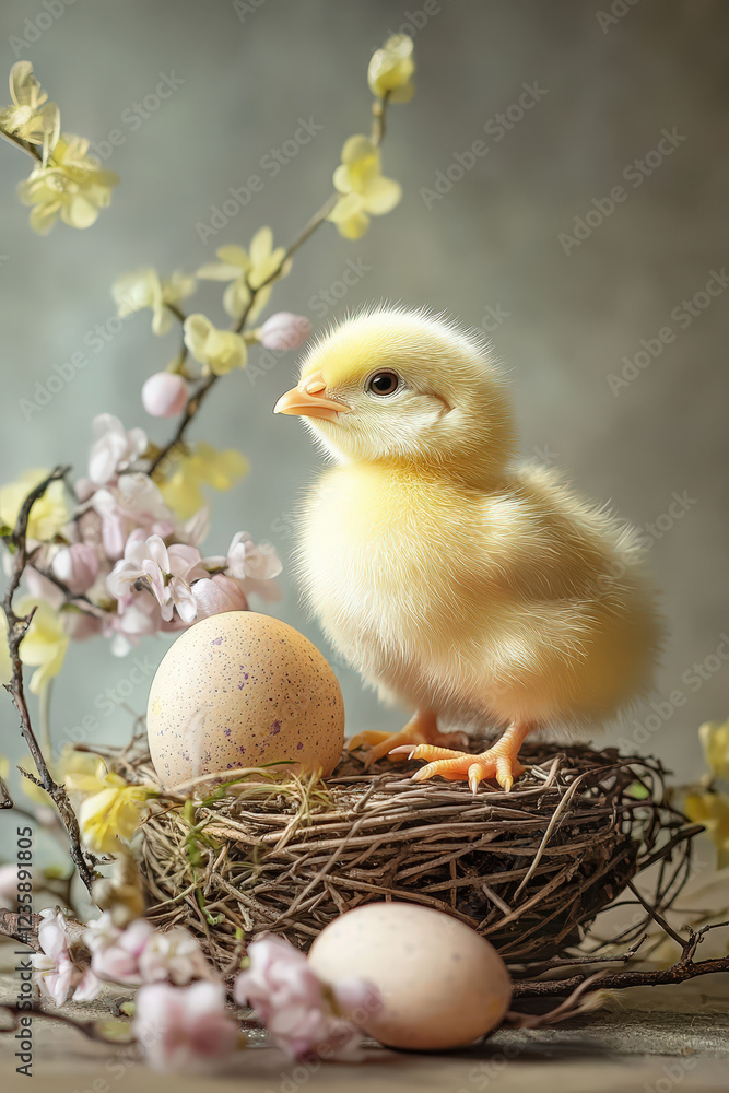 fluffy yellow baby chick standing on a woven nest with speckled eggs. The nest is surrounded by delicate spring blossoms, and the background is softly blurred, creating a warm and serene atmosphere fluffy yellow baby chick standing on a woven nest with speckled eggs. The nest is surrounded by delicate spring blossoms, and the background is softly blurred, creating a warm and serene atmosphere