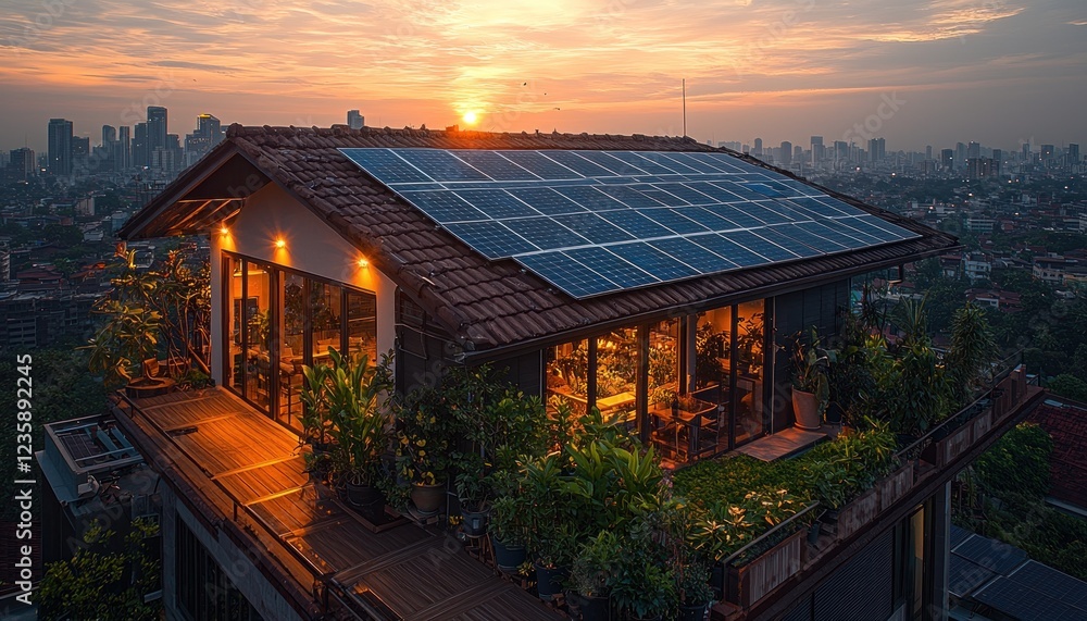 Obraz premium Rooftop house with solar panels at sunset in a city