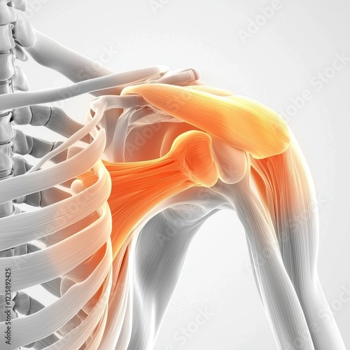 Anatomical illustration of a human shoulder with highlighted bone structure and details of the shoulder joint
