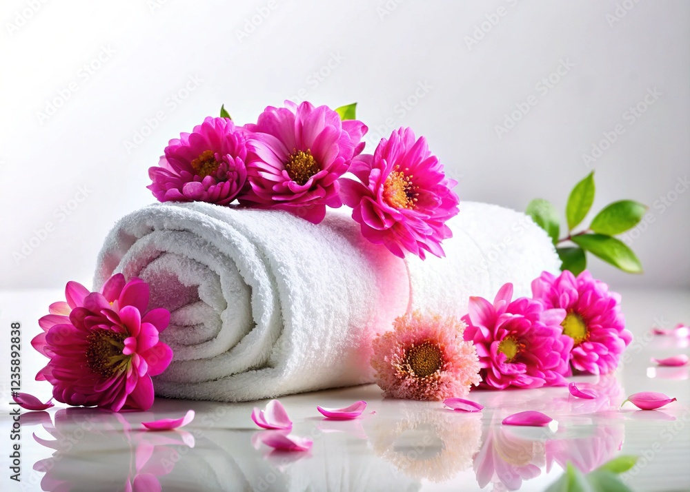 White Towel With Pink Flowers On It Place On Table White Towel With Pink Flowers On It Place On Table