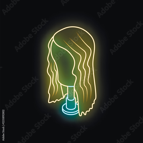 Blonde wig displayed on mannequin head in hair salon window, illuminated by neon sign, creating vibrant glow