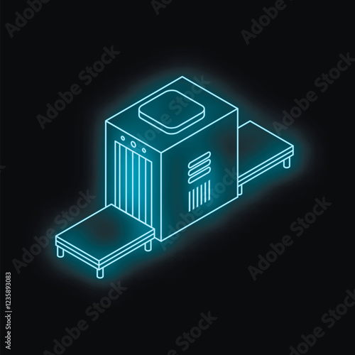 Glowing blue neon isometric airport security scanner with conveyor belt, ensuring passenger safety and baggage screening