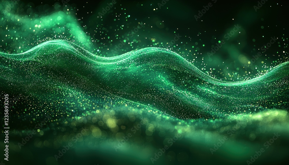 Emerald green particle wave on dark background, abstract digital art