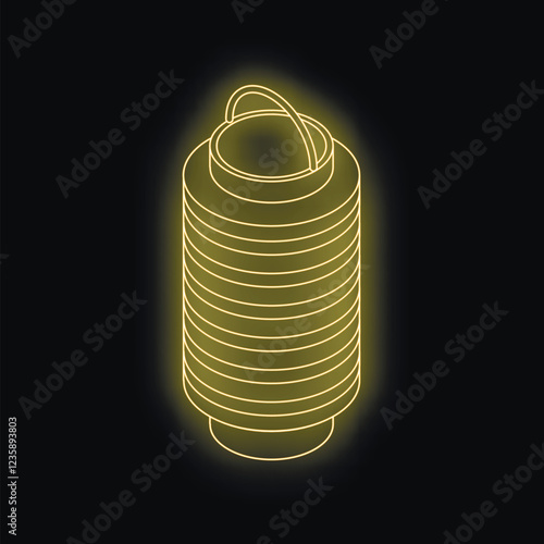 Neon yellow isometric chinese paper lantern glowing on dark background, ideal for asian celebrations or cultural events photo