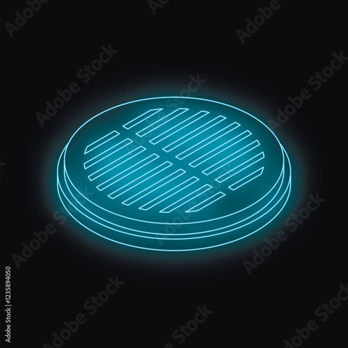 Round glowing blue neon manhole cover on black background
