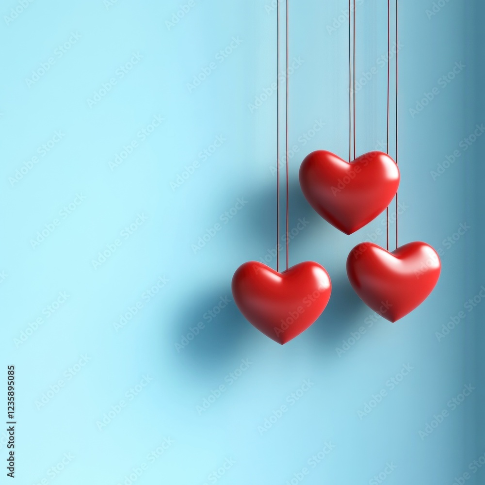 Three Red Hearts Hanging Against a Light Blue Background: A Symbol of Love and Affection Three Red Hearts Hanging Against a Light Blue Background: A Symbol of Love and Affection