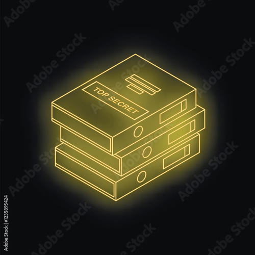 Neon yellow glowing top secret folders stacked on black background representing classified information storage